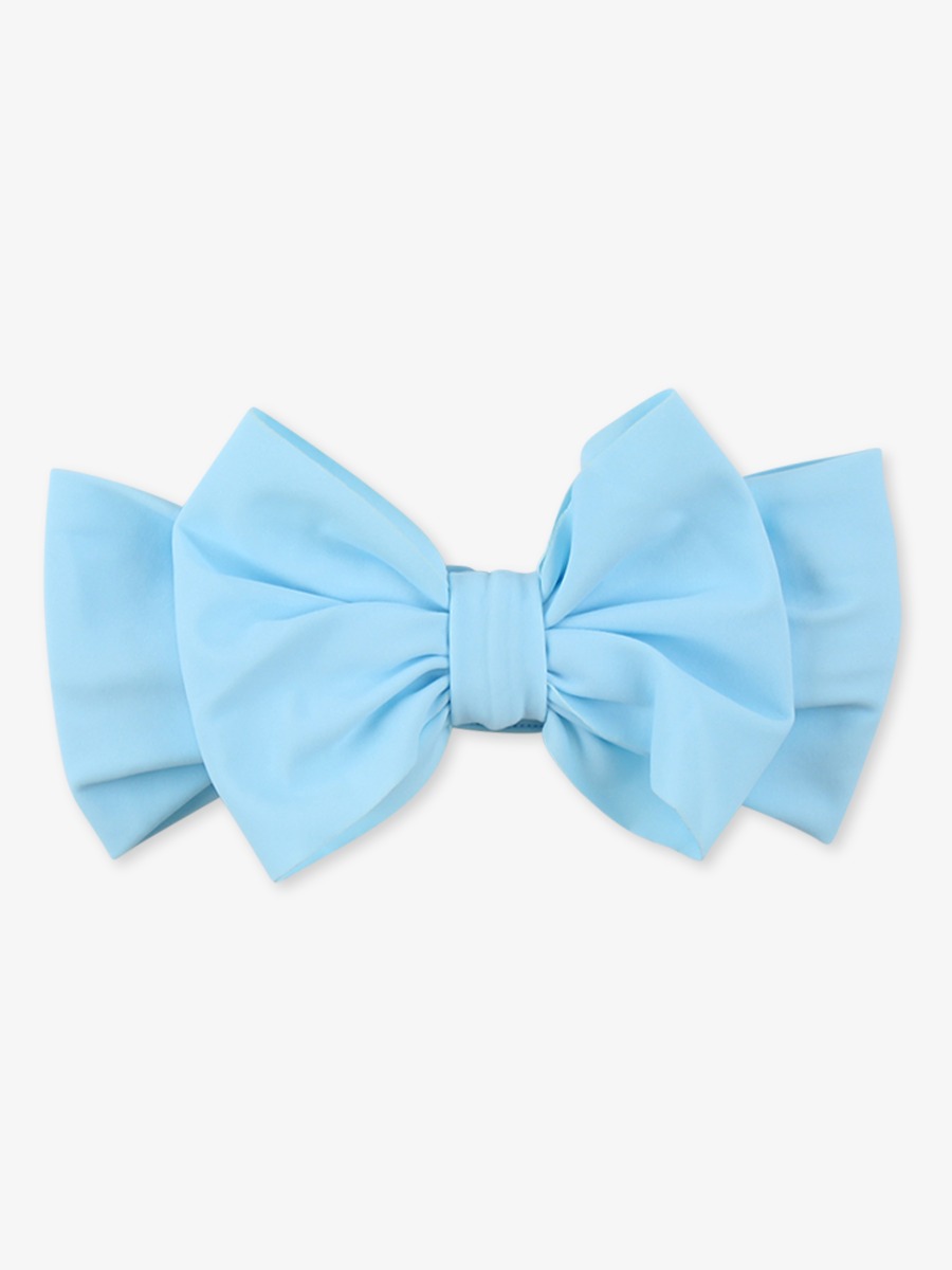Line drawing of Blue Breeze Swim Bow Headband. A dotted circle indicates the approximate location for personalization.