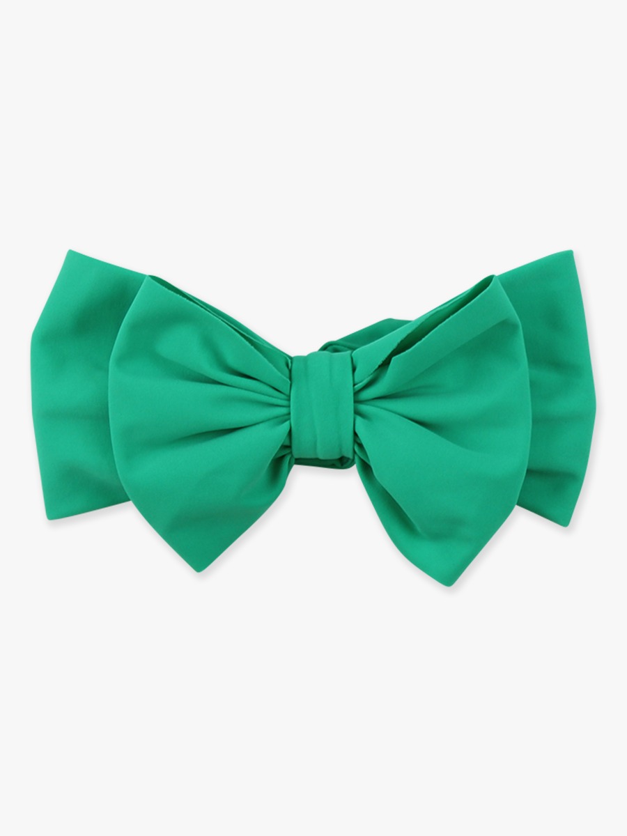 Line drawing of Bright Green Swim Bow Headband. A dotted circle indicates the approximate location for personalization.