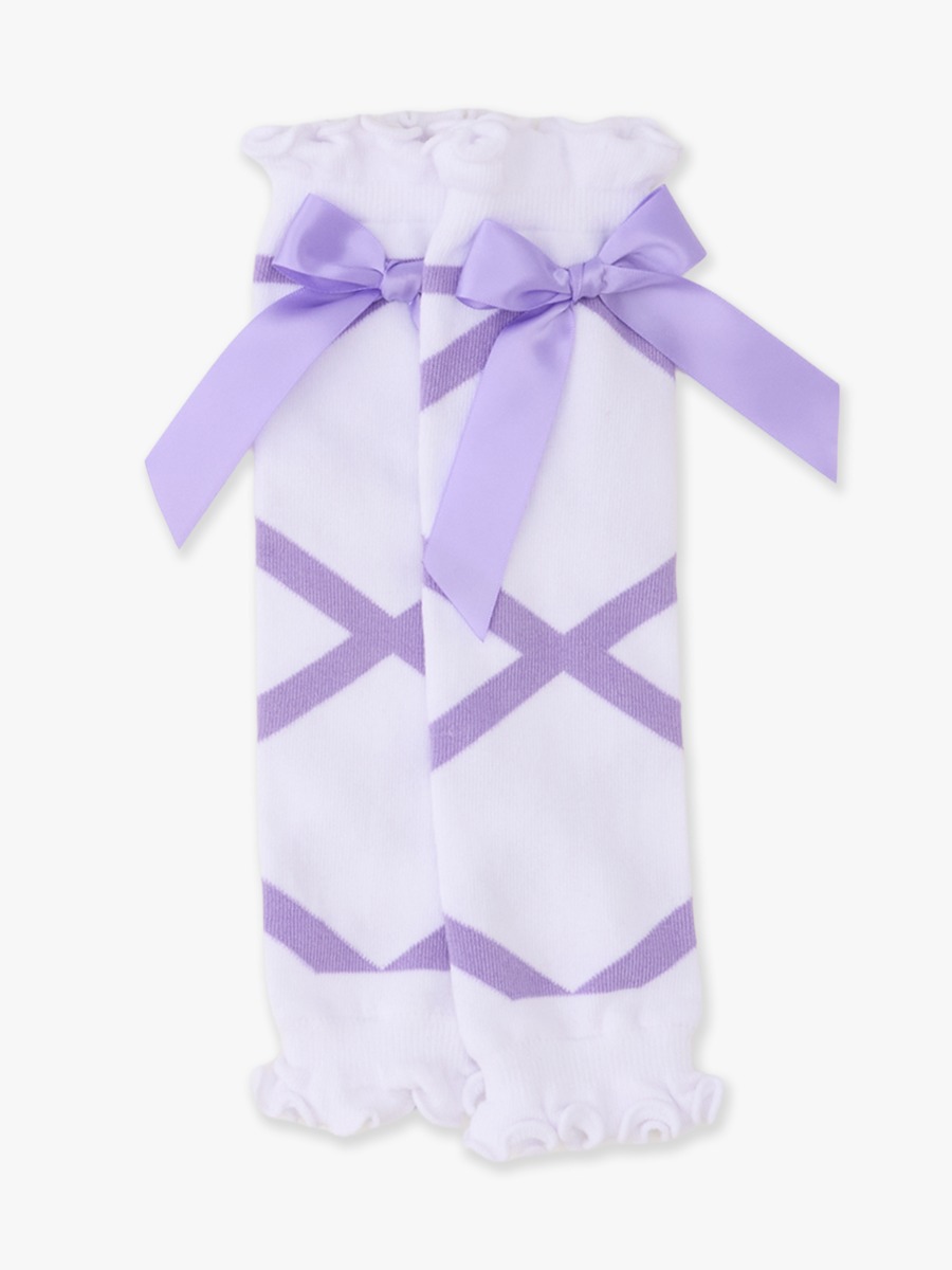 Line drawing of Wisteria Purple Leg Warmers Ballet Bow. A dotted circle indicates the approximate location for personalization.