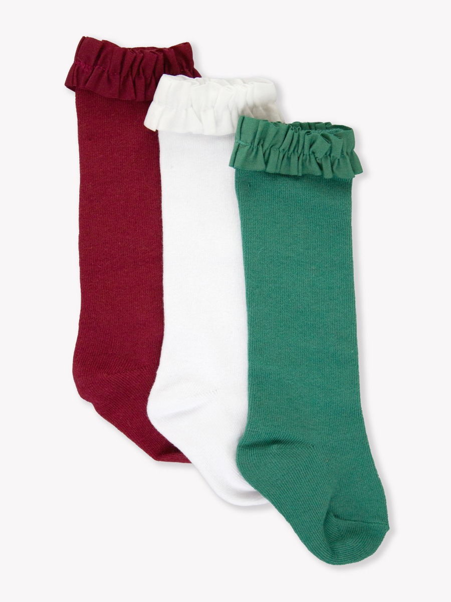 Dark Cherry, White & Fir Green 3-Pack Knee High Socks - 6-12m