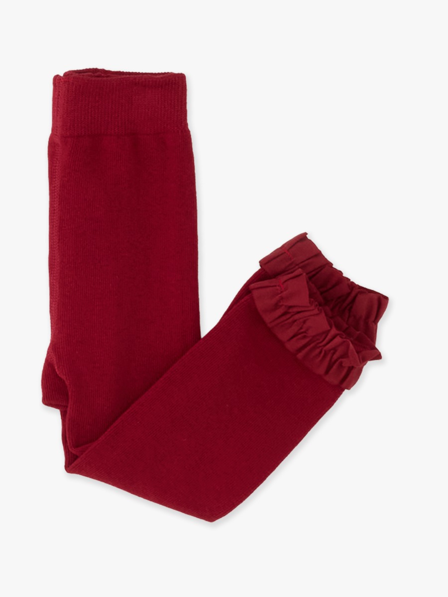 Line drawing of Dark Cherry Footless Ruffle Tights. A dotted circle indicates the approximate location for personalization.