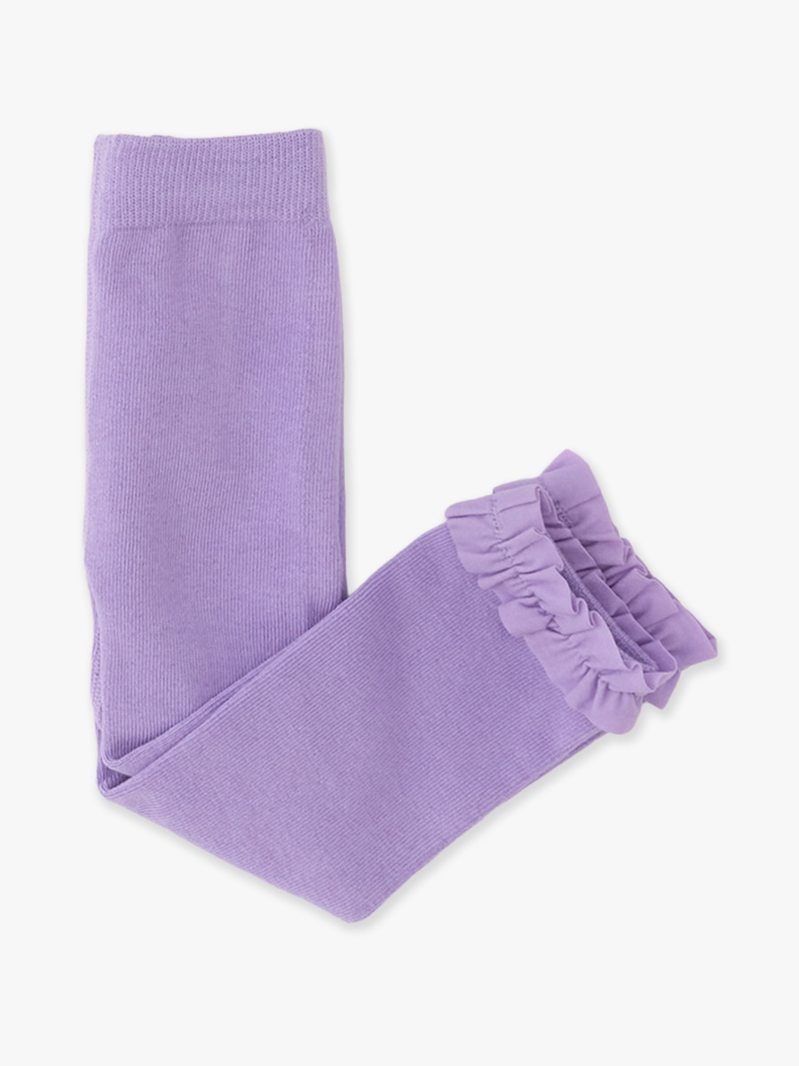 Line drawing of Wisteria Purple Footless Ruffle Tights. A dotted circle indicates the approximate location for personalization.