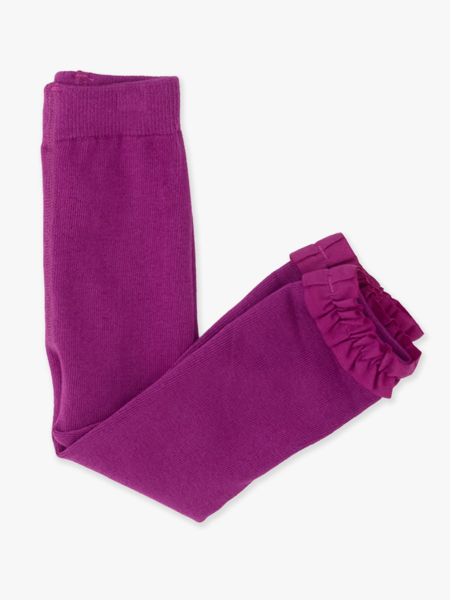 Line drawing of Plum Tart Footless Ruffle Tights. A dotted circle indicates the approximate location for personalization.