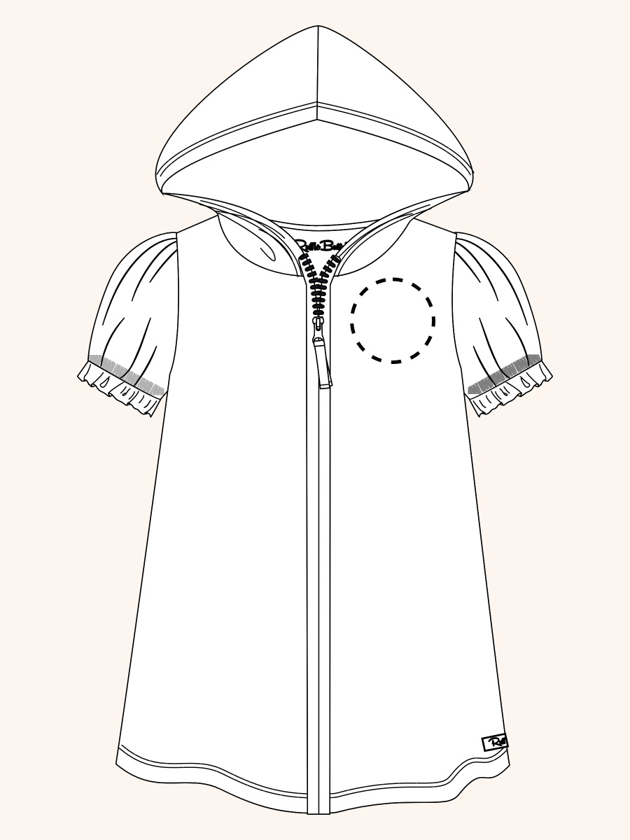 Line drawing of White Terry Full-Zip Cover-Up. A dotted circle indicates the approximate location for personalization.