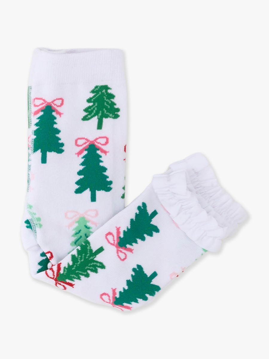 Line drawing of Christmas Tree Bows Patterned Footless Ruffle Tights. A dotted circle indicates the approximate location for personalization.