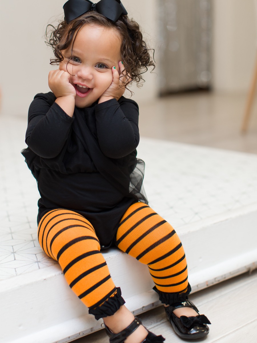 Orange Stripe Patterned Footless Tights