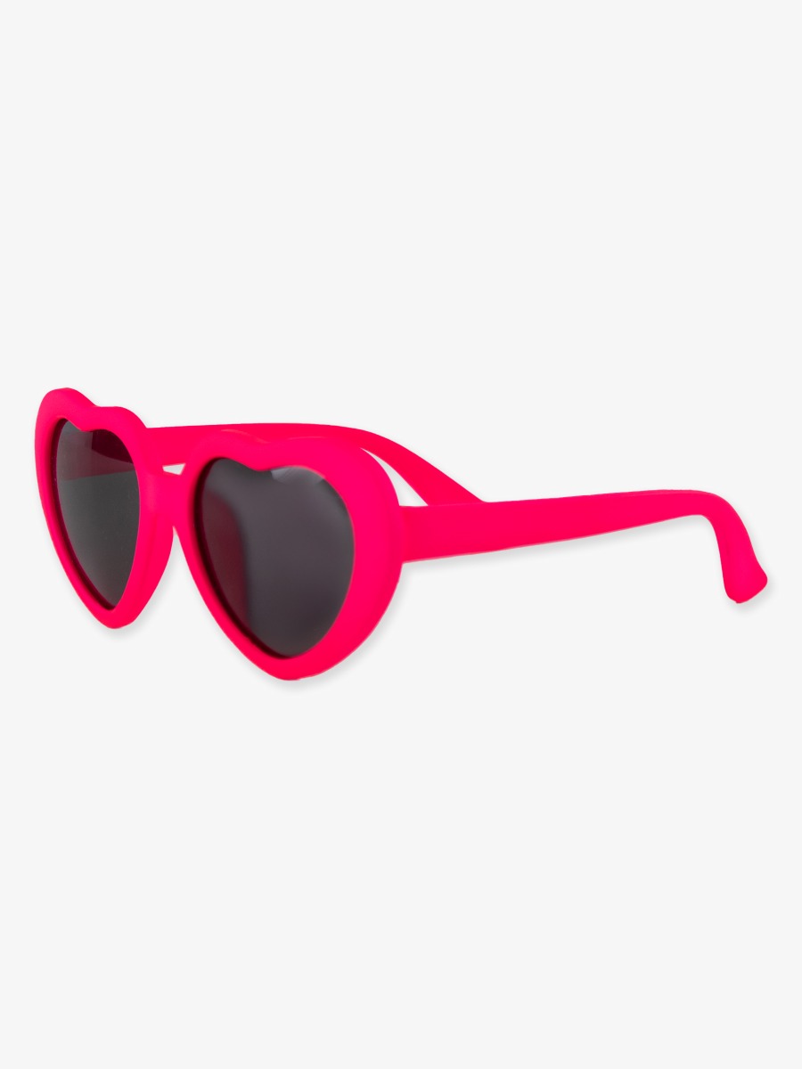 Line drawing of Neon Magenta Heart Shaped Sunglasses. A dotted circle indicates the approximate location for personalization.