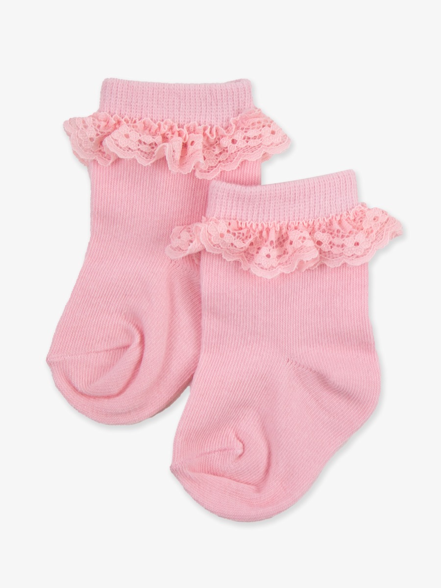 Line drawing of Pink 3-Pack Ruffle Ankle Socks. A dotted circle indicates the approximate location for personalization.