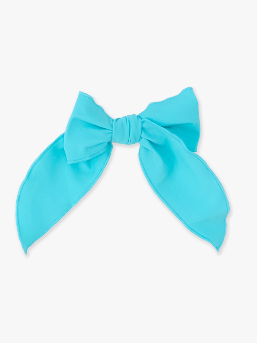 Line drawing of Bright Aqua Active Bow Clip. A dotted circle indicates the approximate location for personalization.
