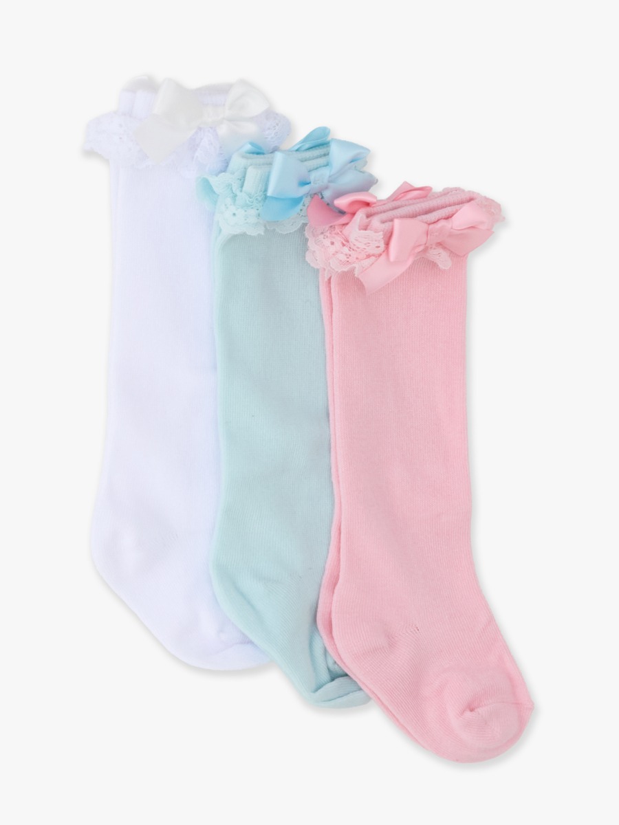 Line drawing of White, Ocean Tide, Pink 3-Pack Lace Ruffle Bow Knee High Socks. A dotted circle indicates the approximate location for personalization.