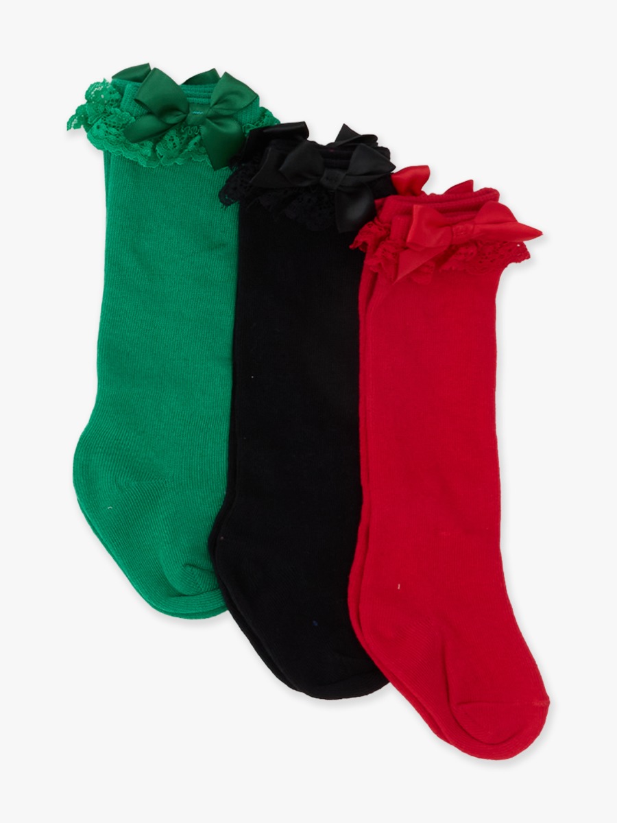 Line drawing of Green, Black, Red 3-Pack Lace Ruffle Bow Knee High Socks. A dotted circle indicates the approximate location for personalization.