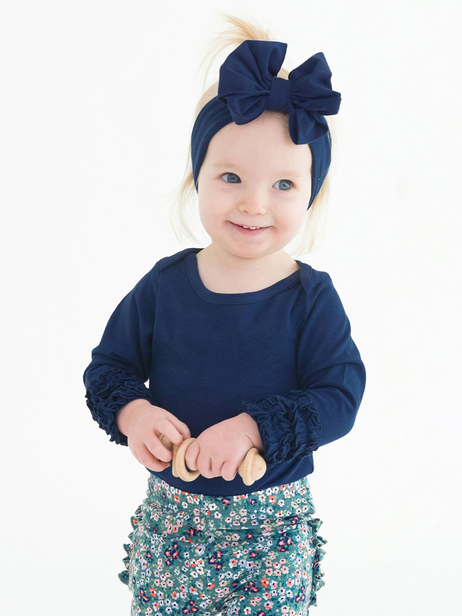 Dark Navy Ruffled Long Sleeve Layering Bodysuit
