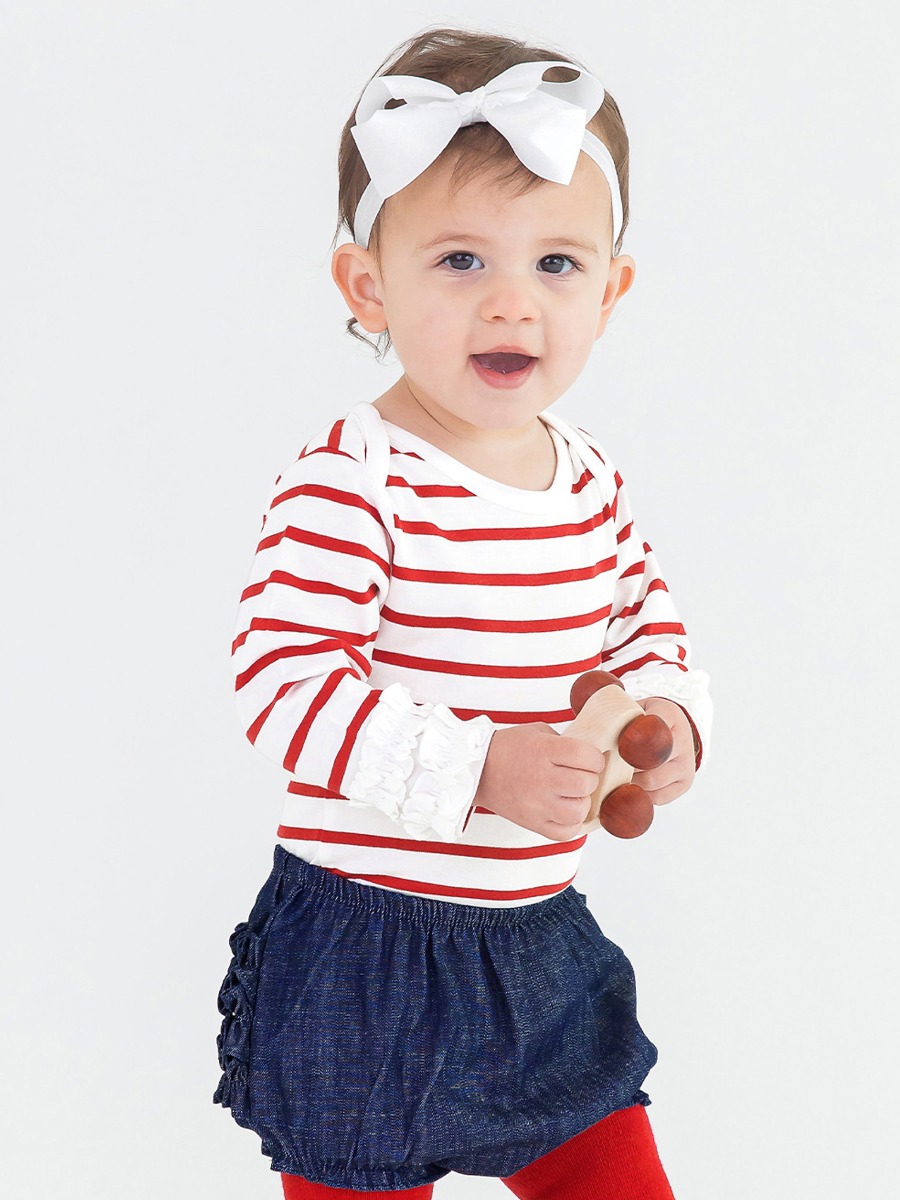Red & White Stripe Ruffled Long Sleeve Layering Bodysuit