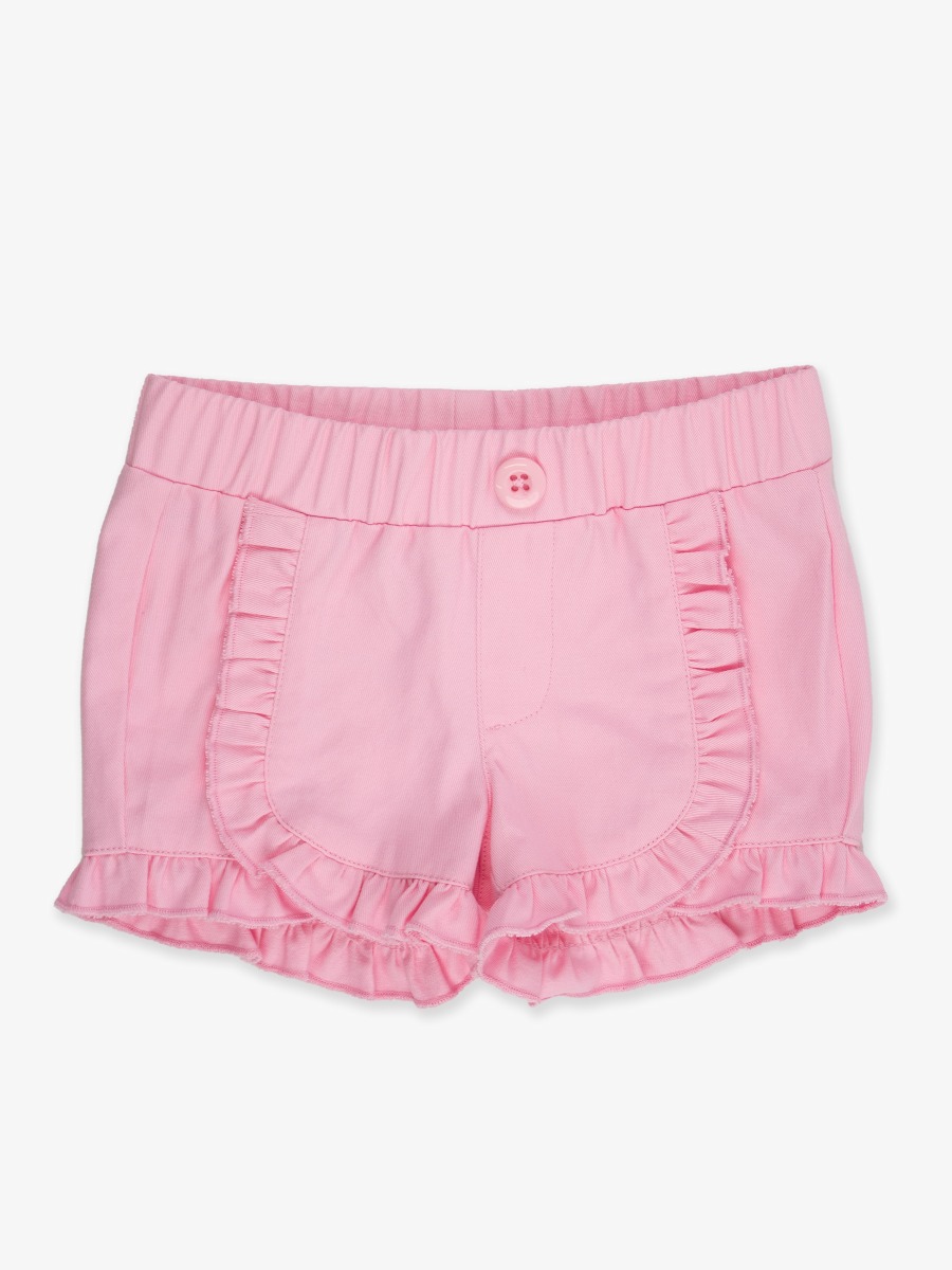 Line drawing of Pink Infant/Toddler Ruffle Trim Woven Shorts. A dotted circle indicates the approximate location for personalization.