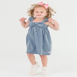 Light Wash Denim Flutter Bow Woven Dress