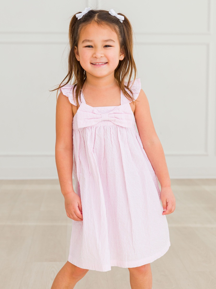 Pink Seersucker Flutter Bow Woven Dress