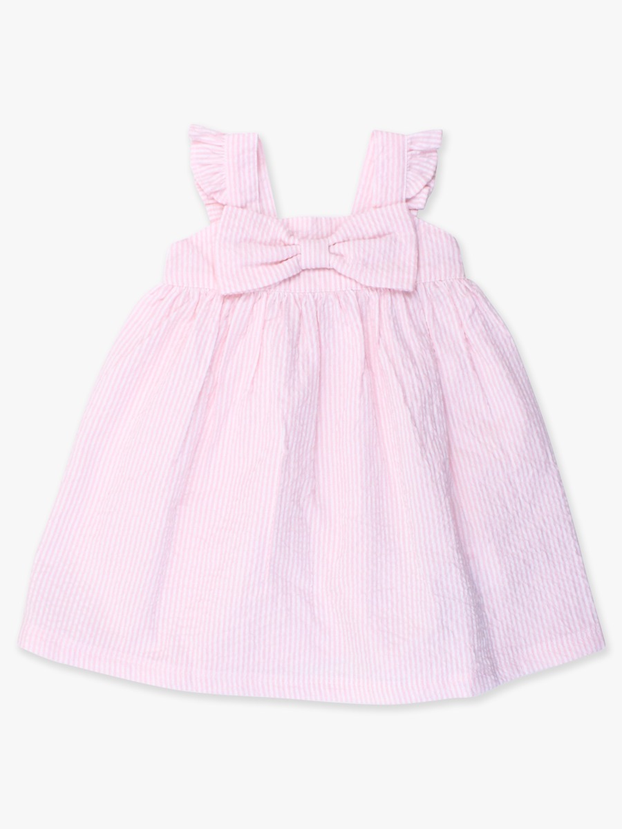 Pink Seersucker Flutter Bow Woven Dress