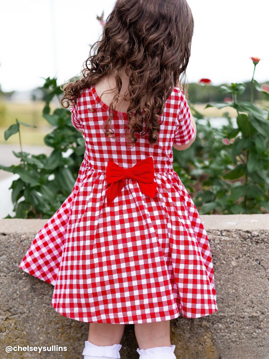 Red Gingham Knit Short Sleeve Twirl Dress