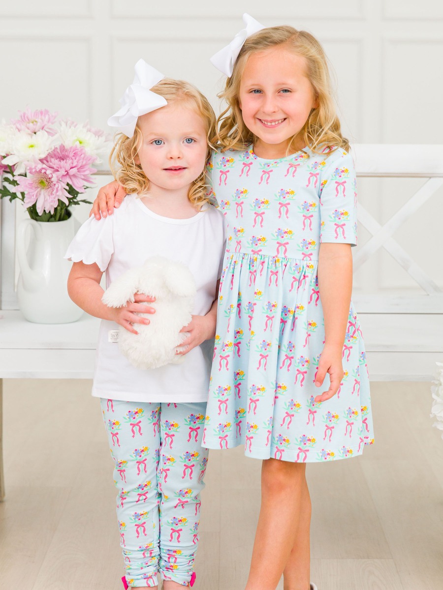 Bows and Bouquets Knit Short Sleeve Twirl Dress