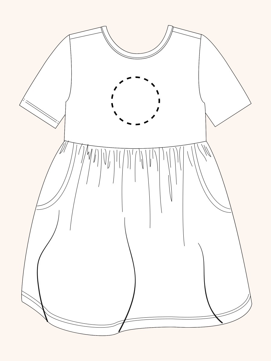 Line drawing of a swimsuit. A dotted circle is placed on the front center of the swimsuit's chest area, indicating the approximate location for personalization.