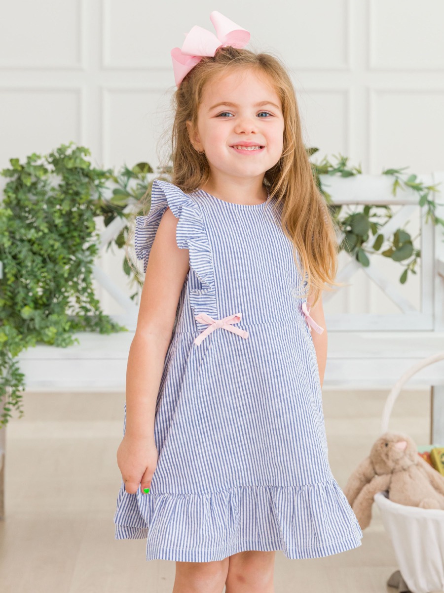 Classic Blue Seersucker Sleeveless Pinafore Bow Dress