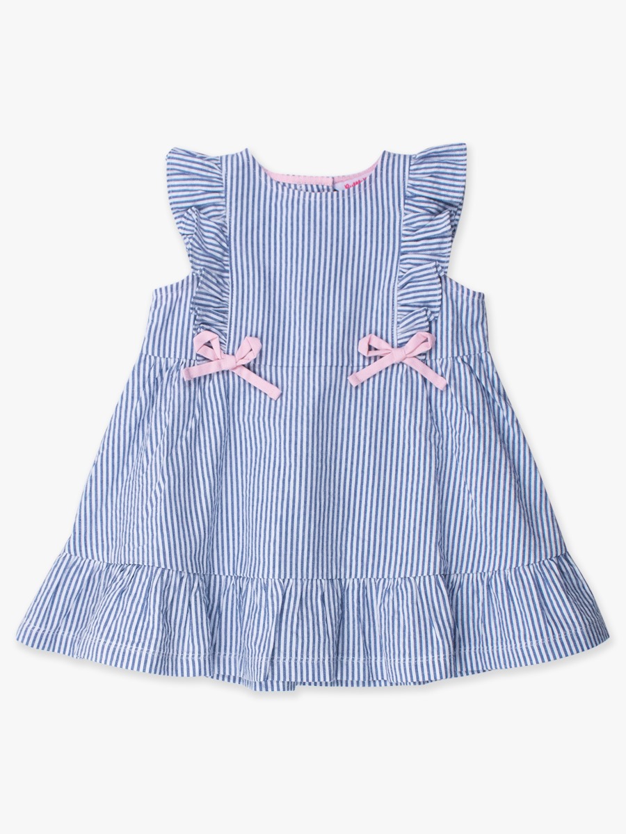 Classic Blue Seersucker Sleeveless Pinafore Bow Dress