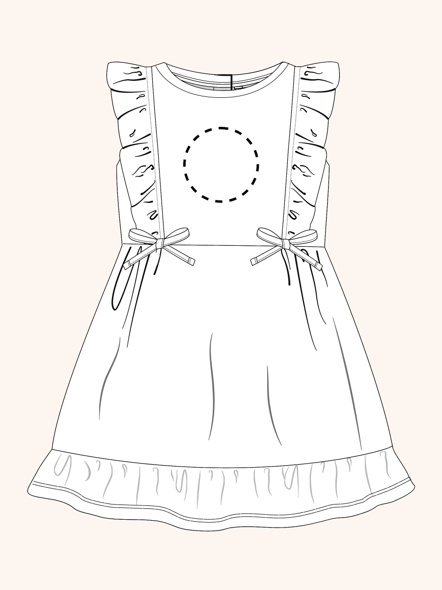 Line drawing of a swimsuit. A dotted circle is placed on the front center of the swimsuit's chest area, indicating the approximate location for personalization.
