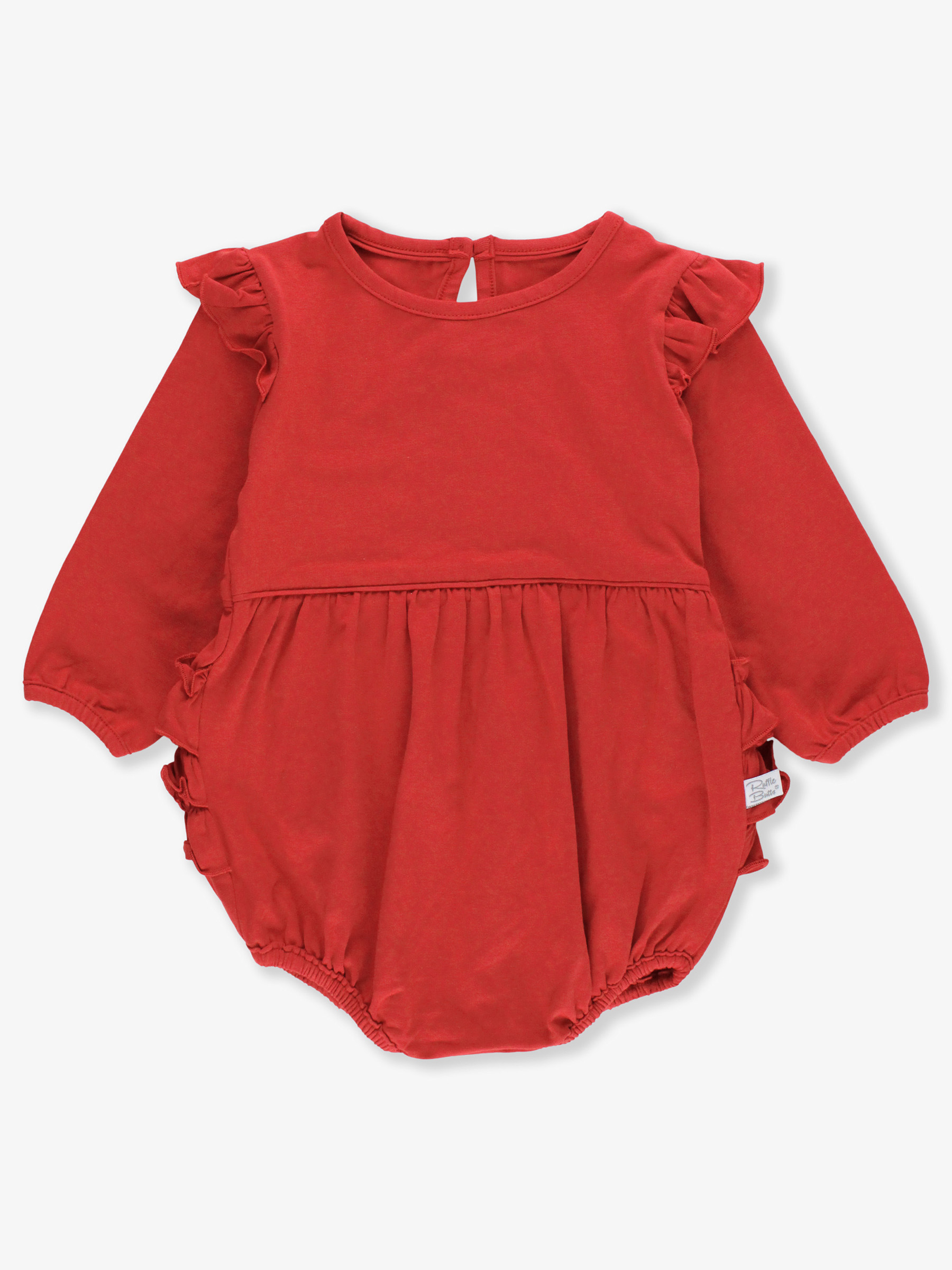 Line drawing of Red Knit Long Sleeve Flutter Bubble Romper. A dotted circle indicates the approximate location for personalization.