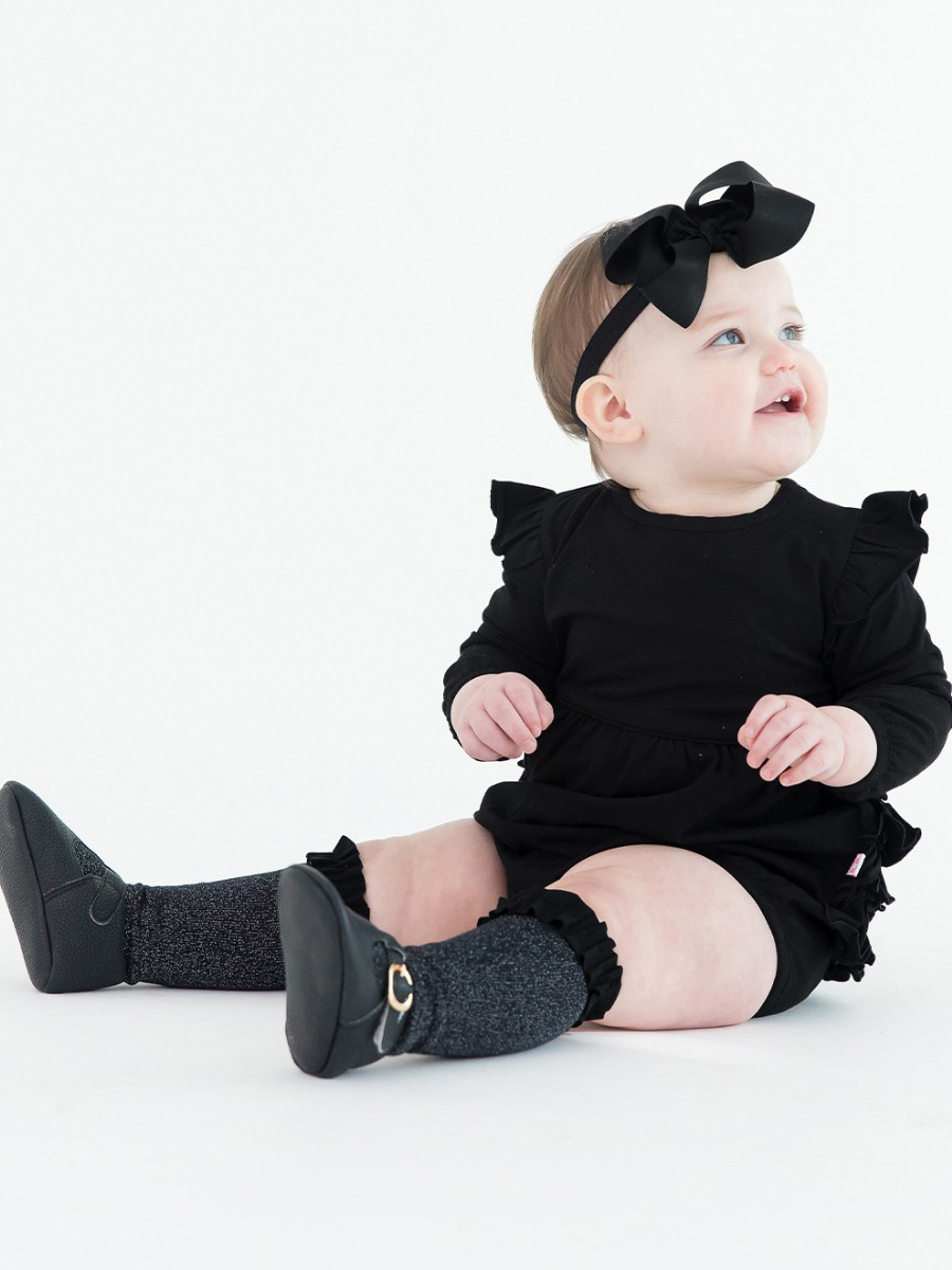 Black Knit Long Sleeve Flutter Bubble Romper