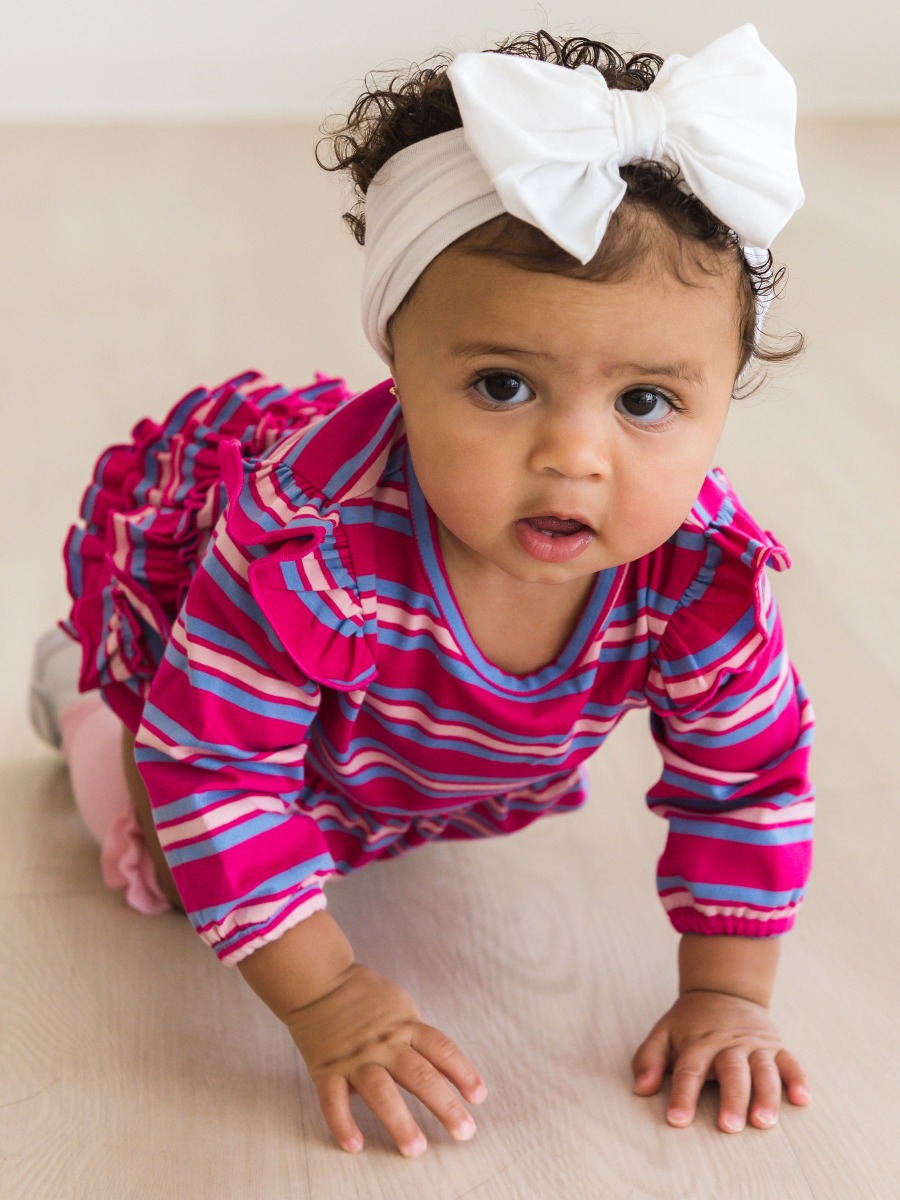 Very Berry & Periwinkle Blue Stripe Knit Long Sleeve Flutter Bubble Romper