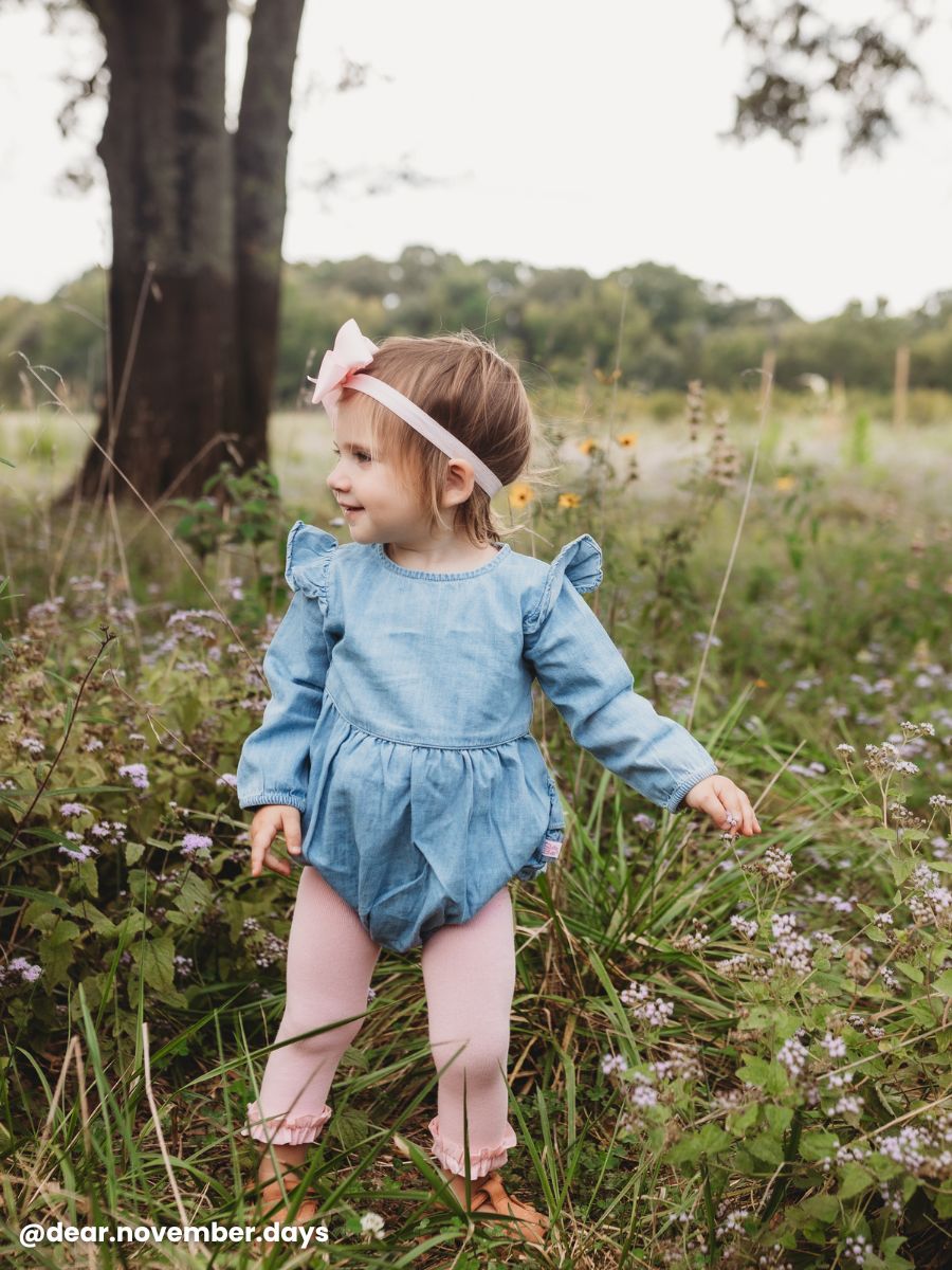 Light Wash Long Sleeve Flutter Bubble Romper