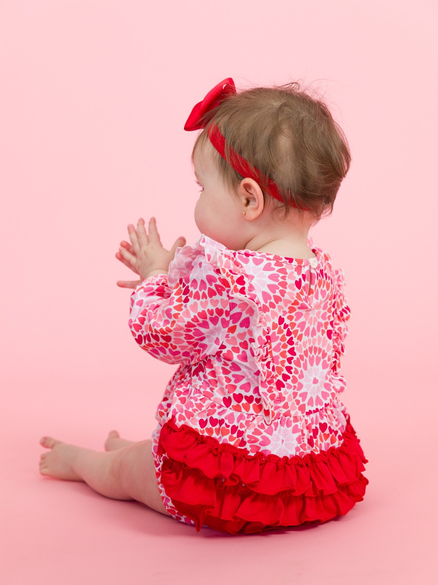 Pink Kaleidoscope Hearts Long Sleeve Waterfall Knit Bubble Romper