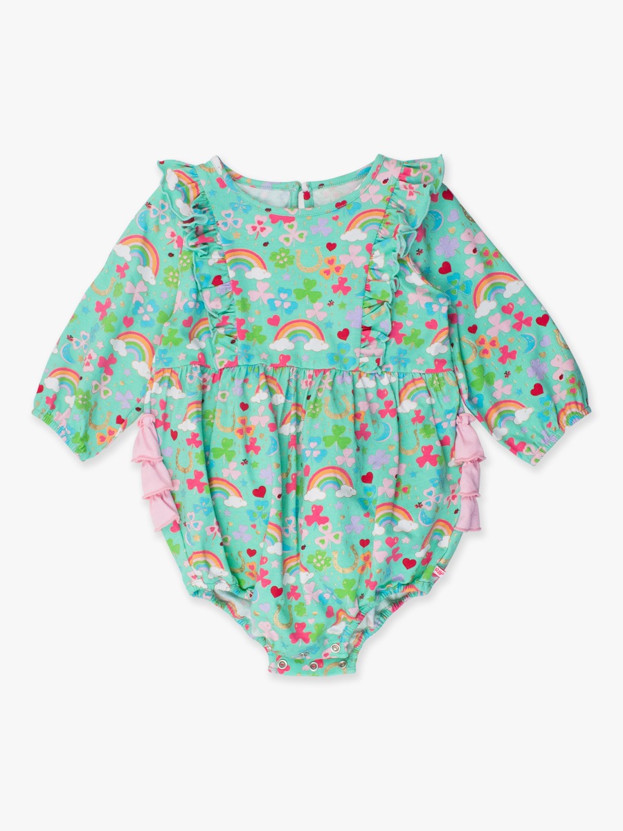 Green Lucky Day Long Sleeve Waterfall Knit Bubble Romper
