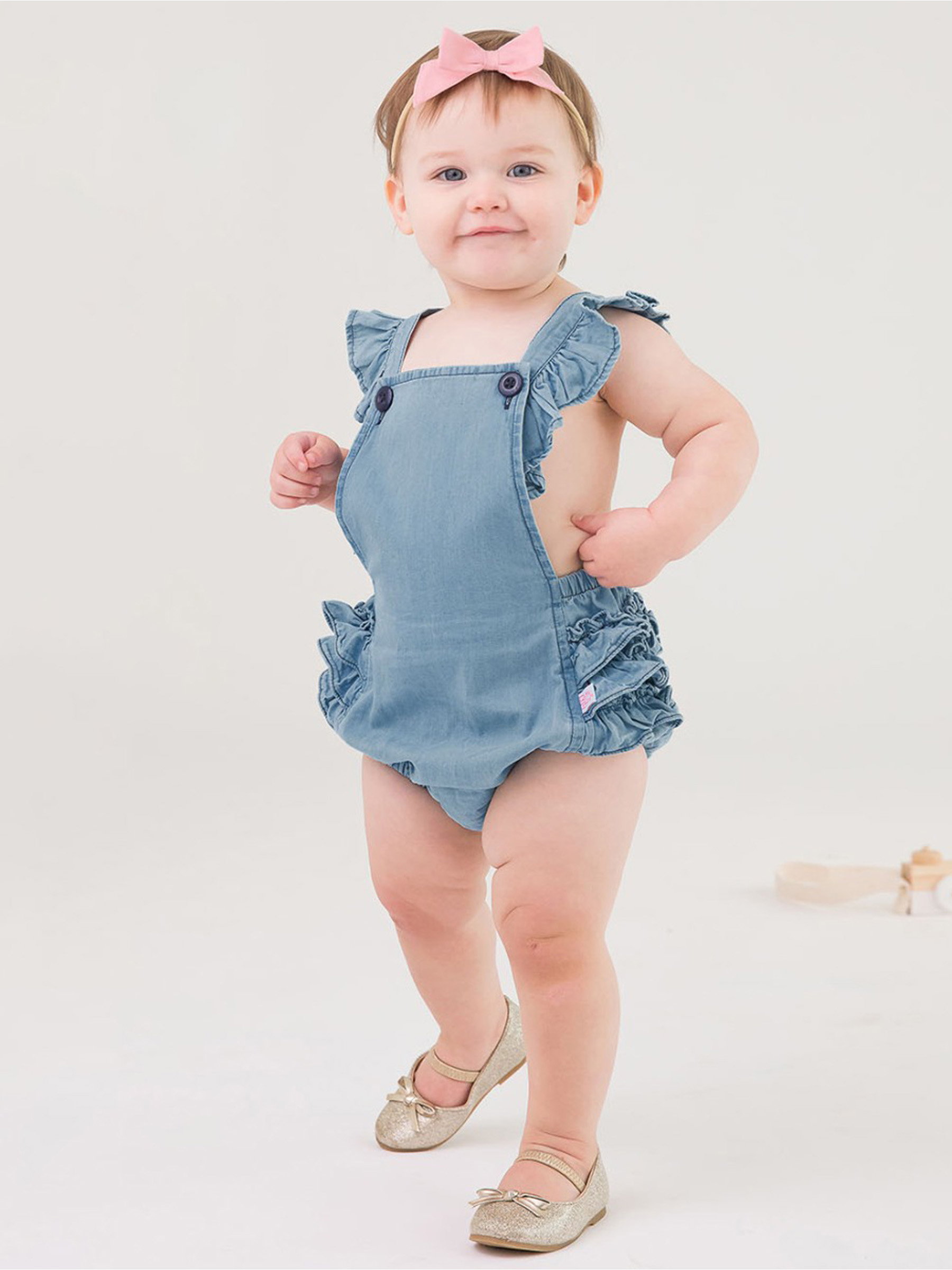 Light Wash Denim Woven Flutter Overall Romper