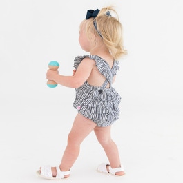 Navy Micro Stripe Woven Pinafore Cross-Back Romper