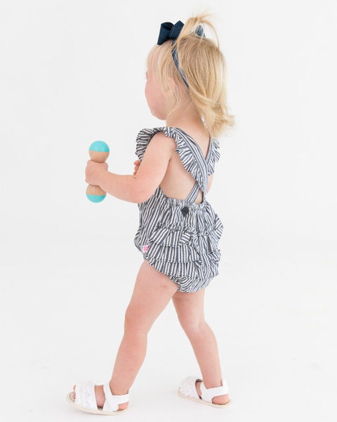 Navy Micro Stripe Woven Pinafore Cross-Back Romper
