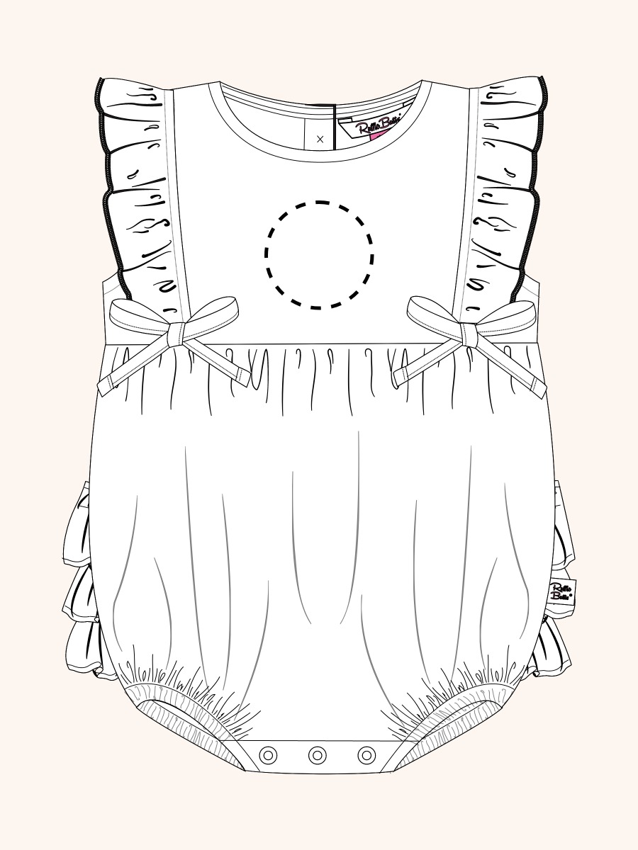 Line drawing of Wisteria Purple Signature Seersucker Classic Ruffle Bubble Romper. A dotted circle indicates the approximate location for personalization.