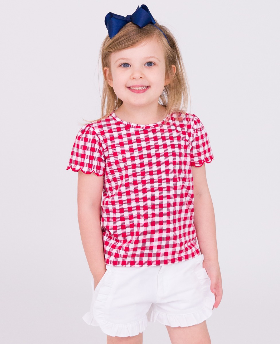 Red Gingham Short Sleeve Scallop Tee