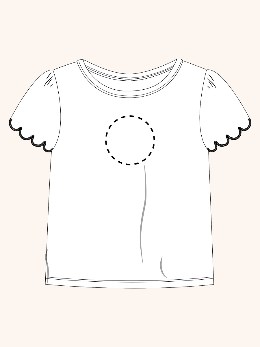 Line drawing of Pink Cottontail Toile Short Sleeve Scallop Tee. A dotted circle indicates the approximate location for personalization.