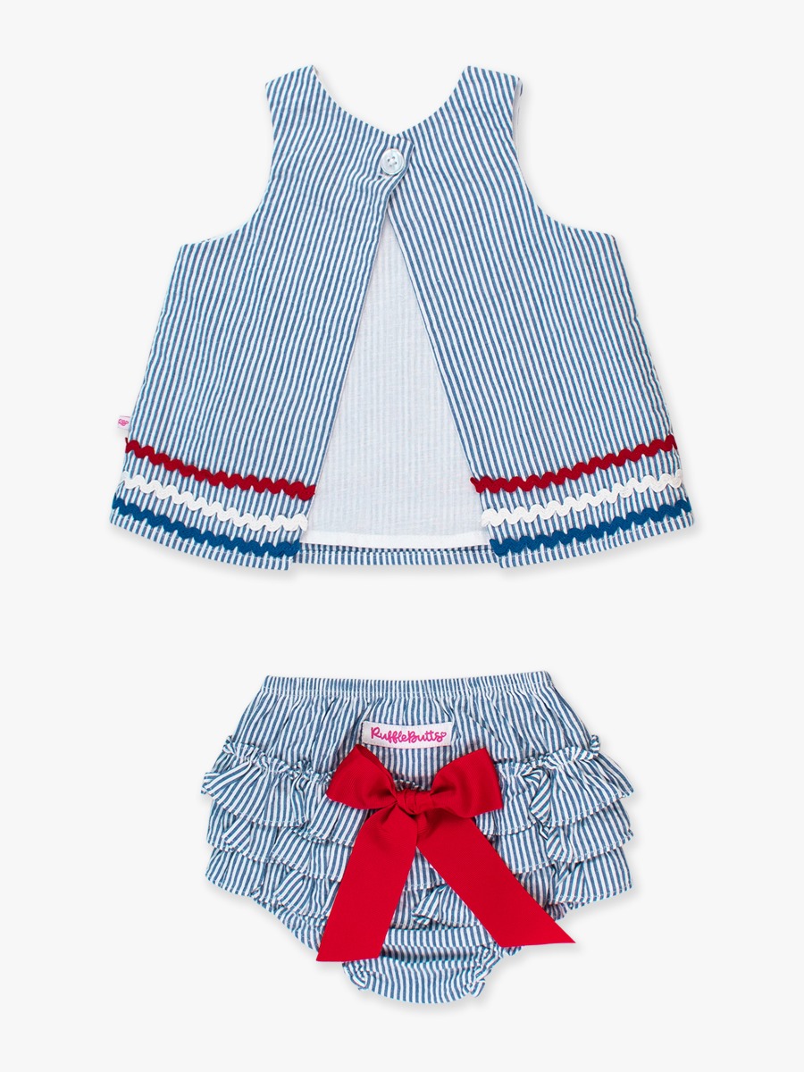 Americana Classic Blue Seersucker Ric Rac Swing Top and Bloomer Set
