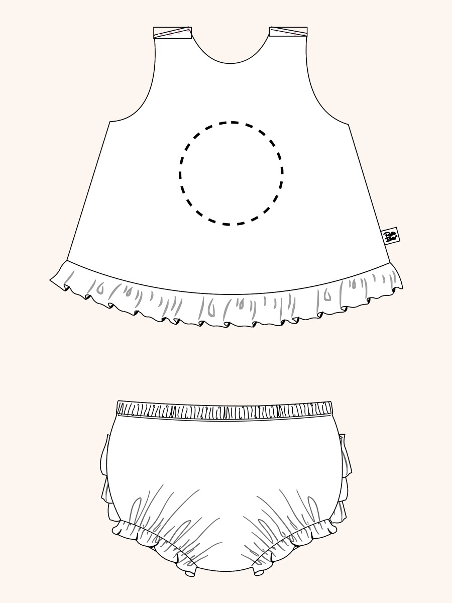 Line drawing of Pink & White Embroidered Dot Swing Top and Bloomer Set. A dotted circle indicates the approximate location for personalization.
