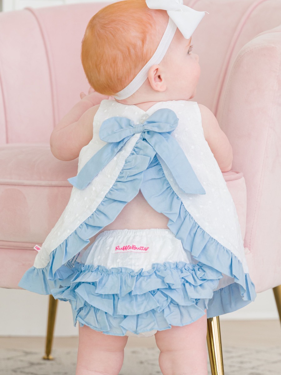 White & Light Blue Embroidered Dot Swing Top and Bloomer Set