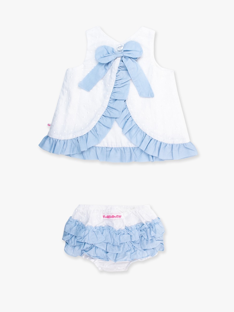 White & Light Blue Embroidered Dot Swing Top and Bloomer Set