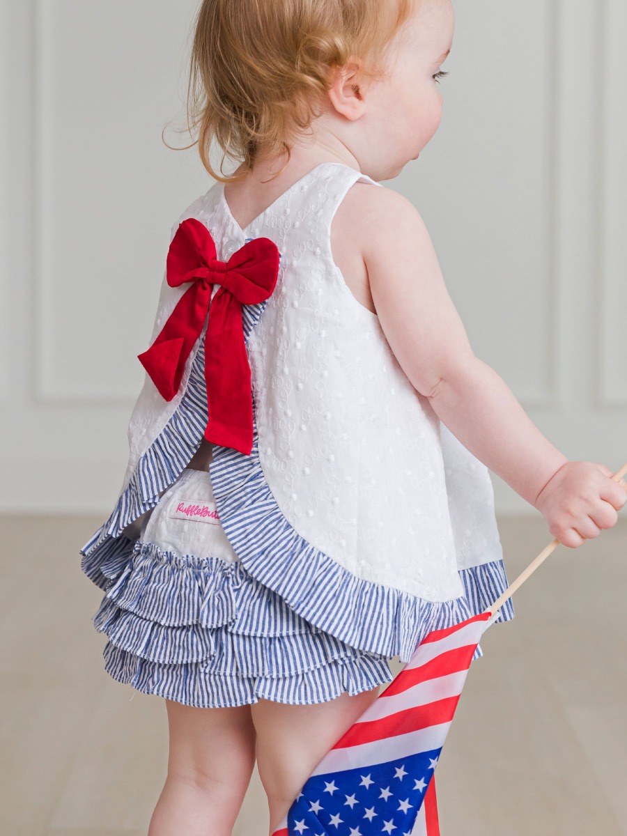 White & Classic Blue Seersucker Embroidered Dot Swing Top and Bloomer Set