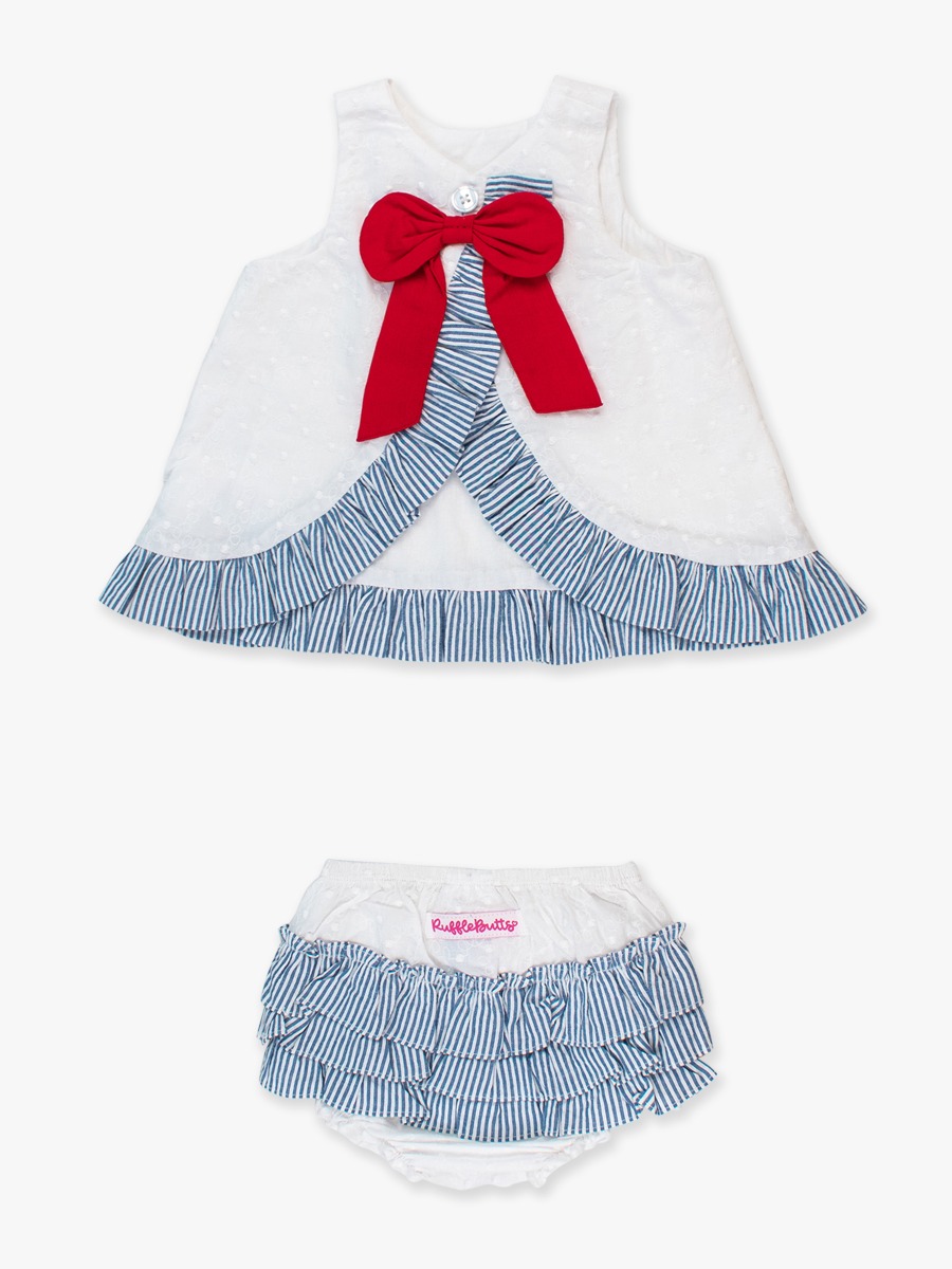 White & Classic Blue Seersucker Embroidered Dot Swing Top and Bloomer Set