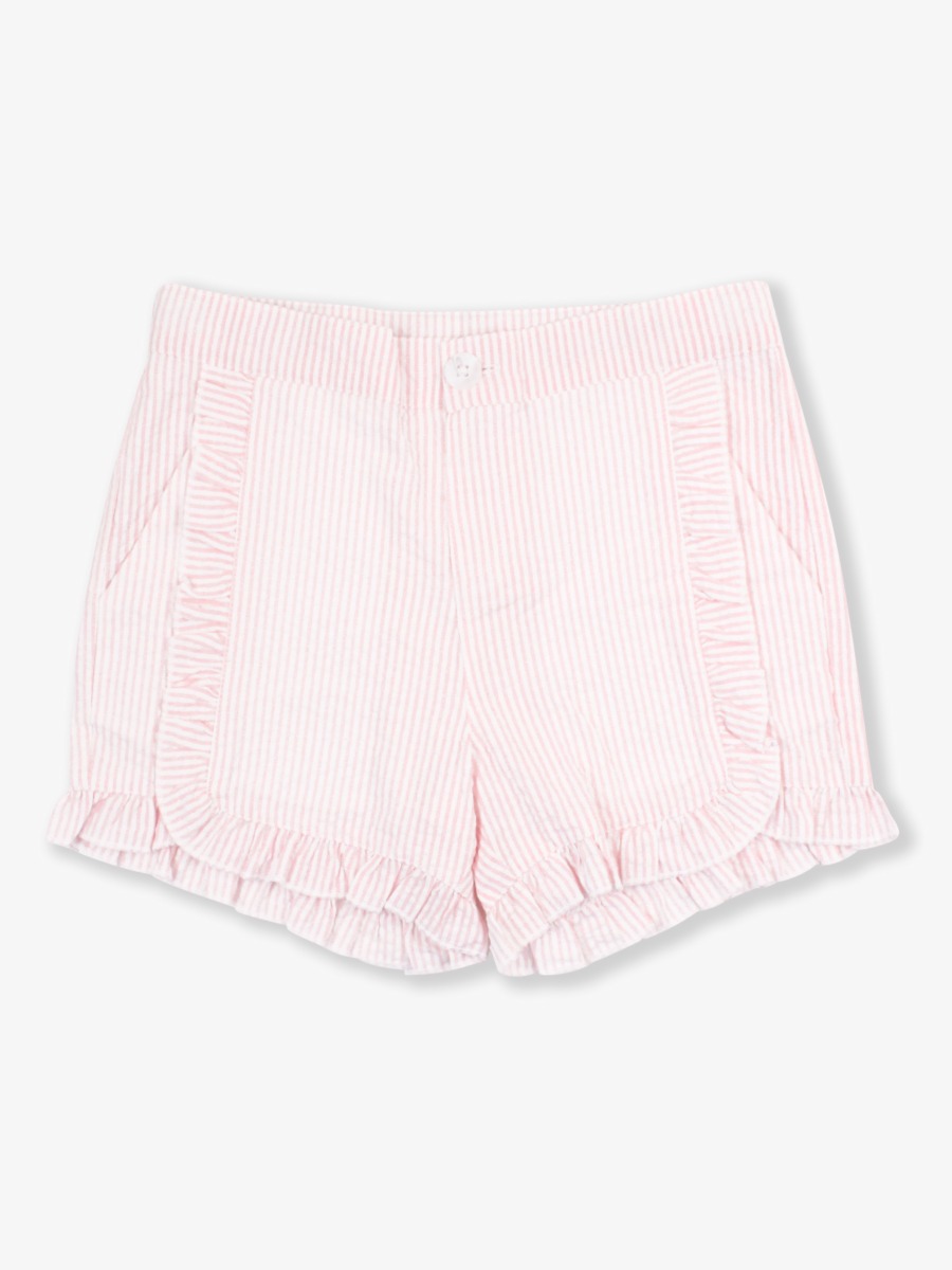 Pink Seersucker Kids Ruffle Trim Woven Shorts - 5