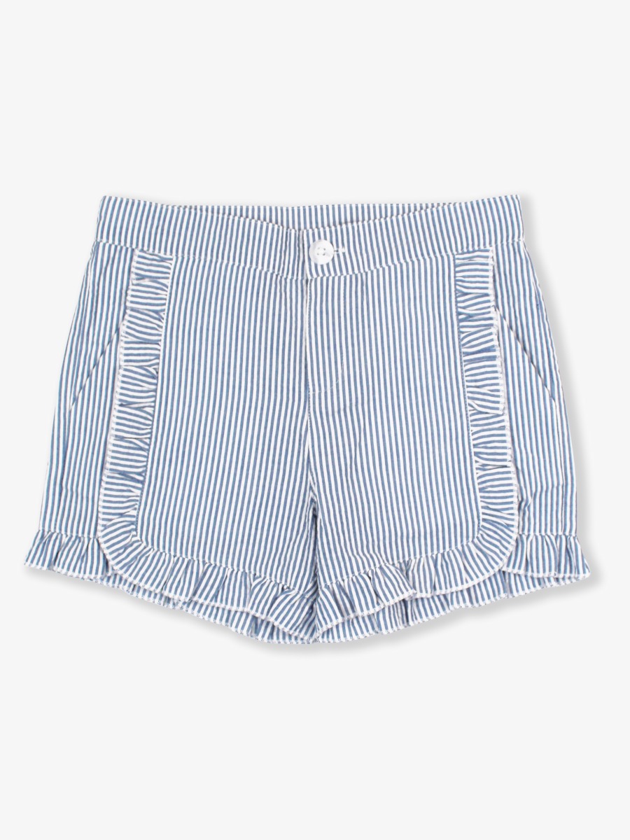 Classic Blue Seersucker Kids Ruffle Trim Woven Shorts