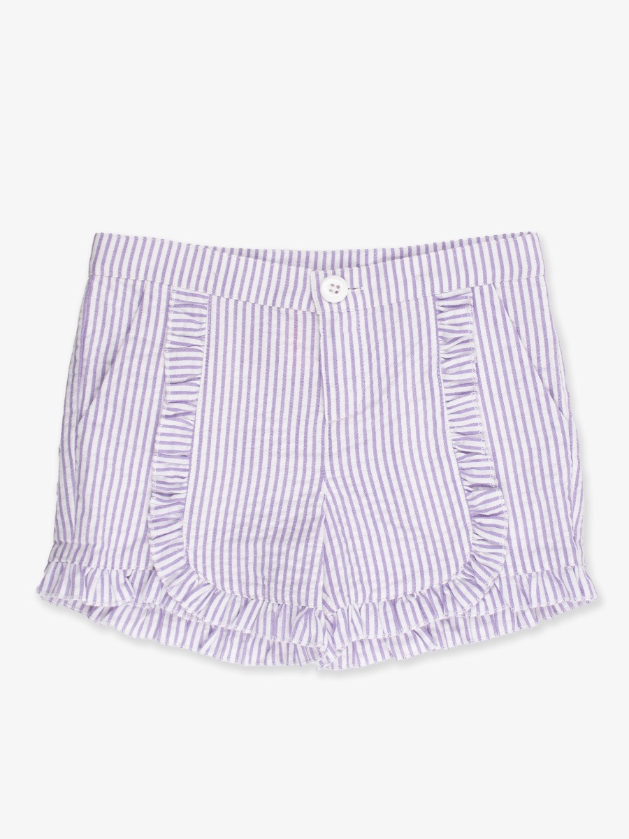 Line drawing of Wisteria Purple Signature Seersucker Kids Ruffle Trim Woven Shorts. A dotted circle indicates the approximate location for personalization.