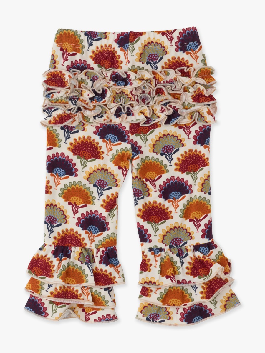 Line drawing of Maple Blossoms Flare Pants, with Signature Rear Ruffles. A dotted circle indicates the approximate location for personalization.