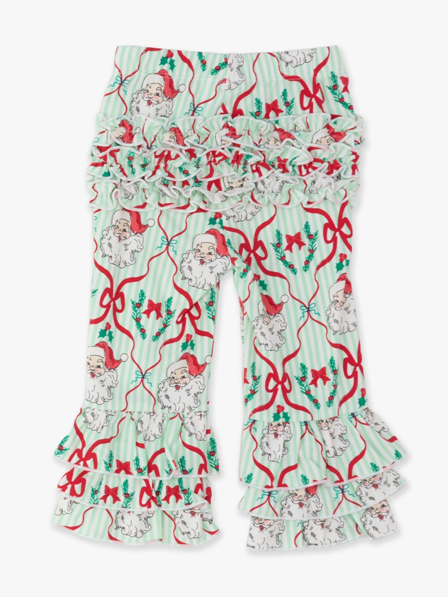 Line drawing of Green Stripe Dear Santa Flare Pants, with Signature Rear Ruffles. A dotted circle indicates the approximate location for personalization.